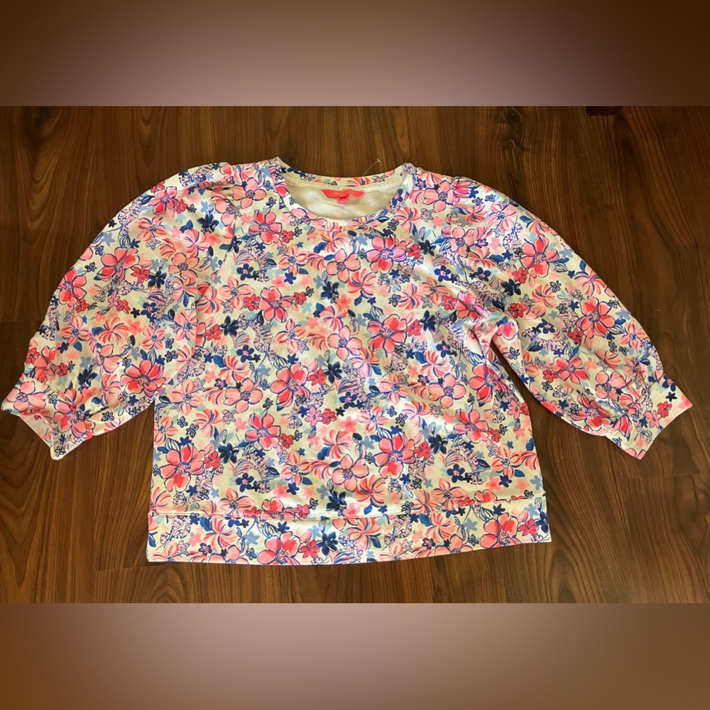 LILLY PULITZER Pink Corden Party Like a Lobstar Sweatshirt Puff Sleeve Floral L